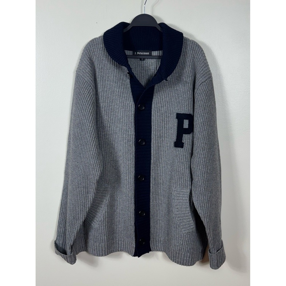 The J Peterman Co Letterman LambsWool Cardigan Sweater XXL Chunky Shawl Collar